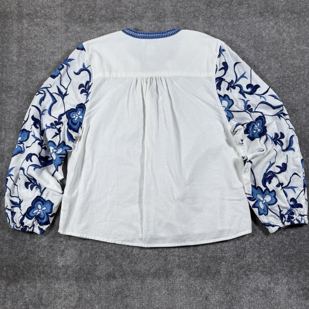 Calypso St. Barth Top Medium White Flax Cotton Blend Embroidered Peasant Boho - Picture 2 of 7